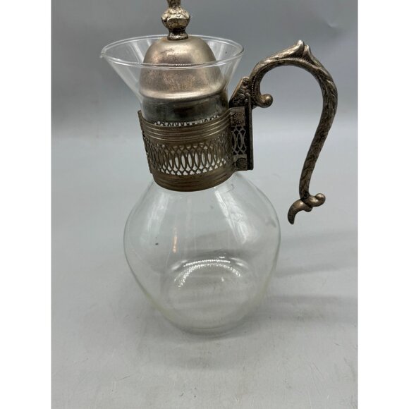 Vintage Glass Carafe Ornate Metal Handle & Lid 8=10.5" Tall Elegant Design READ - Picture 5 of 12